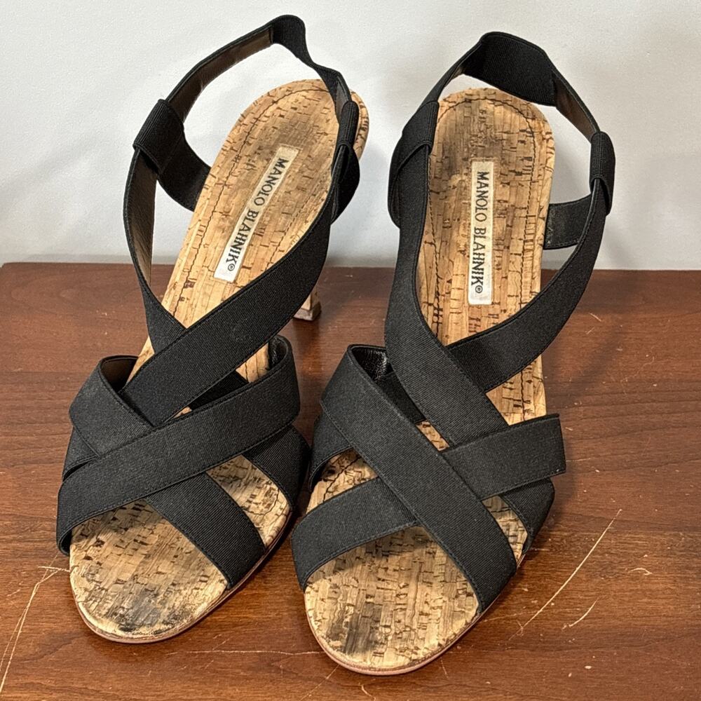 Manolo Blahnik Lasti elastic Criss Cross sling back Cork sandals 39 Needs Repair